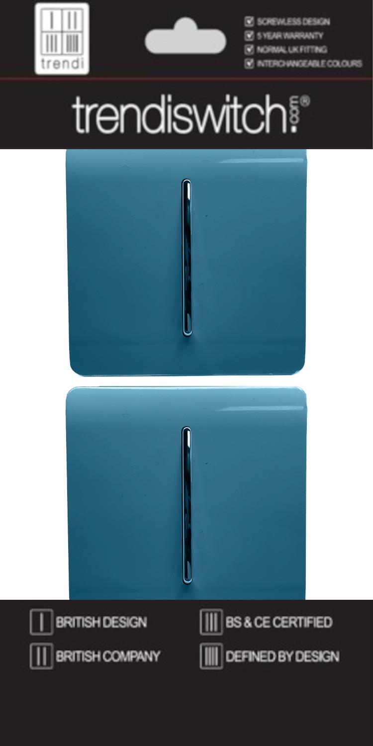 Trendi 1 Gang 2 Way 240V Screwless Artistic Modern Glossy 10 Amp Chrome Rocker Electrical Wall Light Switch in Ocean Blue (2 pack)