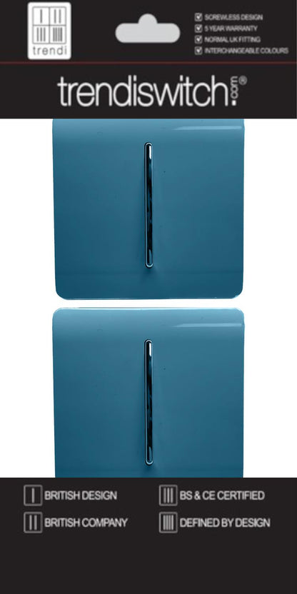 Trendi 1 Gang 2 Way 240V Screwless Artistic Modern Glossy 10 Amp Chrome Rocker Electrical Wall Light Switch in Ocean Blue (2 pack)
