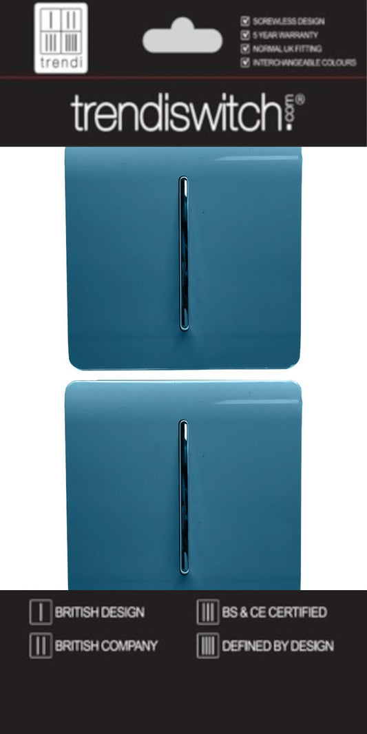 Trendi 1 Gang 2 Way 240V Screwless Artistic Modern Glossy 10 Amp Chrome Rocker Electrical Wall Light Switch in Ocean Blue (2 pack)
