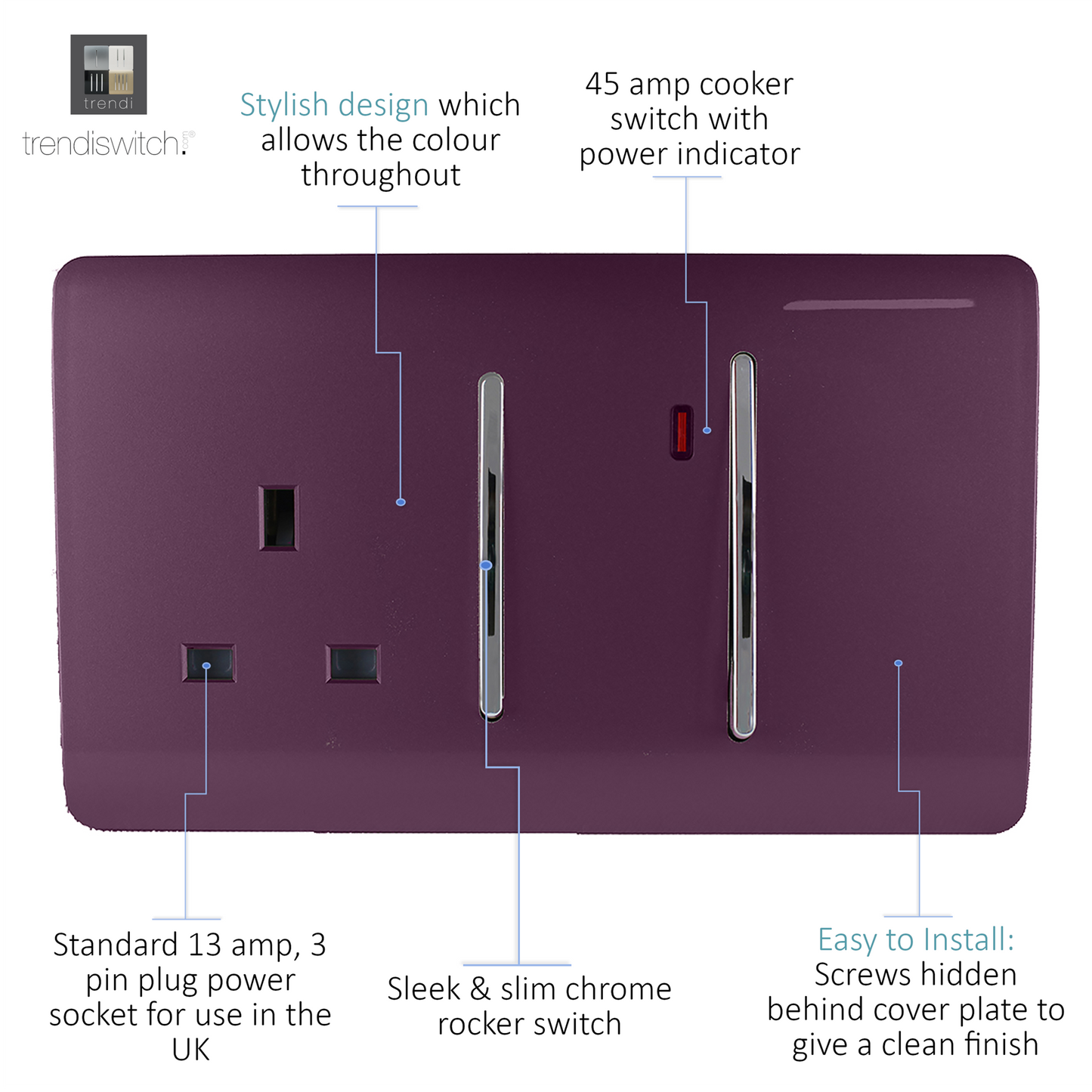 Trendi Artistic Modern Glossy 45 A Cooker Switch & Plug Socket Inc Neon Insert Plum