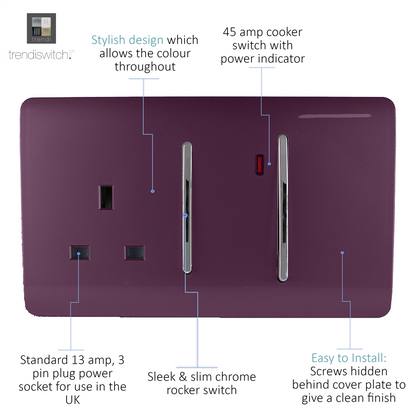 Trendi Artistic Modern Glossy 45 A Cooker Switch & Plug Socket Inc Neon Insert Plum
