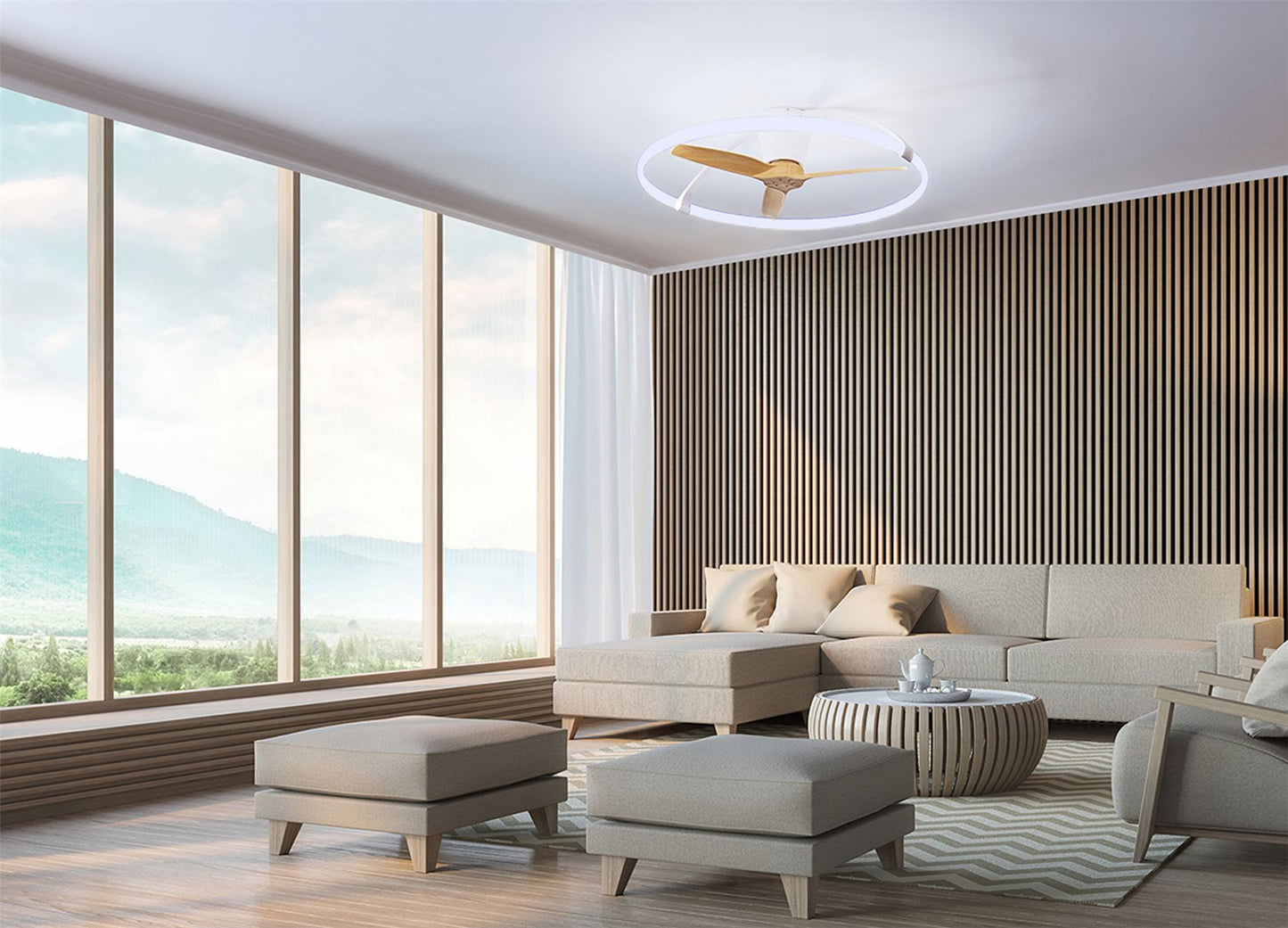 Nepal 105cm 75W LED Dimmable Ceiling Light With Built-In 35W DC Reversible Fan, White/Wood Finish c/w Remote, APP & Alexa/Google Voice Control, 7200lm