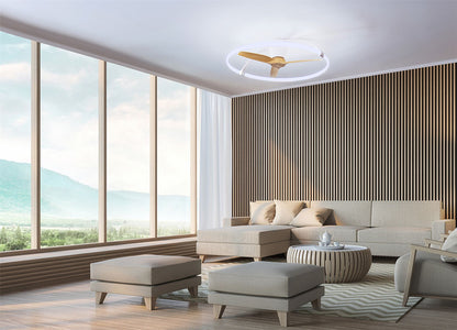 Nepal 105cm 75W LED Dimmable Ceiling Light With Built-In 35W DC Reversible Fan, White/Wood Finish c/w Remote, APP & Alexa/Google Voice Control, 7200lm