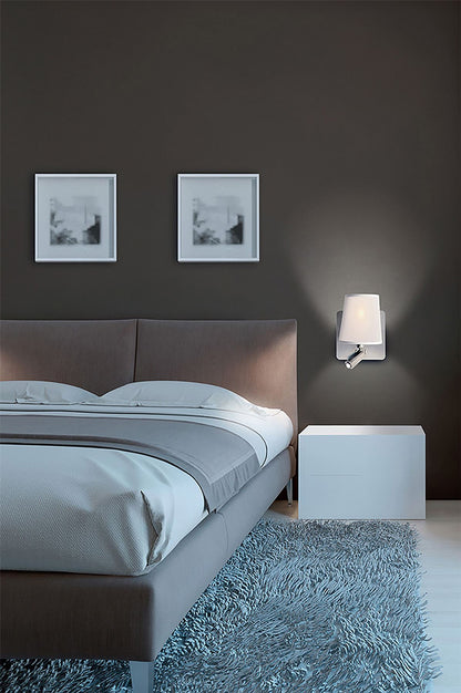 Mantra M5232 Bahia Wall Light with Large Back Plate 1 Light E27 + Reading Light 3W LED with White Shade Satin Nickel 4000K, 200lm,, 3yrs Warranty