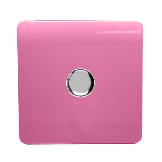 Trendi 1 Gang 2 Way 240V 100w LED Dimmer Screwless Raised Front Plate Plastic Artistic Modern Glossy 10 Amp Chrome Single Electrical Wall Light Switch in Candy Pink - ART-LDMPK
