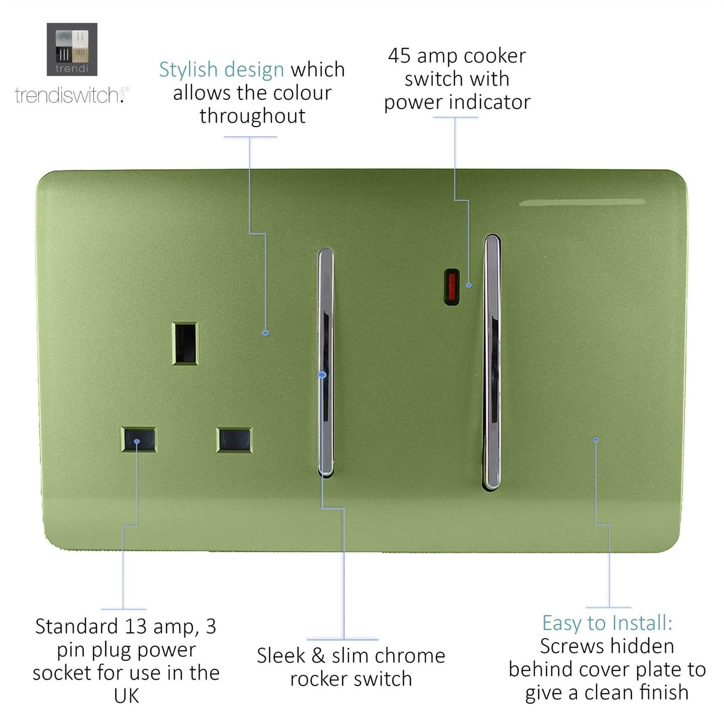Trendi Artistic Modern Glossy 45 A Cooker Switch & Plug Socket Inc Neon Insert Moss Green