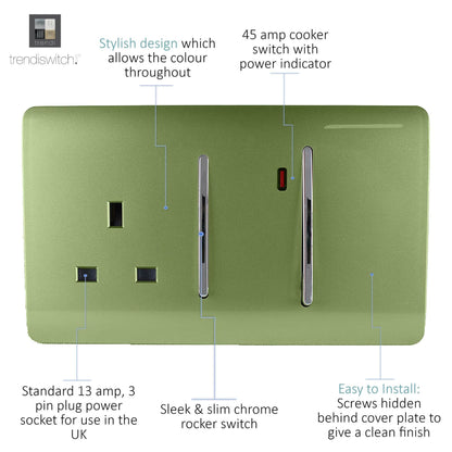 Trendi Artistic Modern Glossy 45 A Cooker Switch & Plug Socket Inc Neon Insert Moss Green