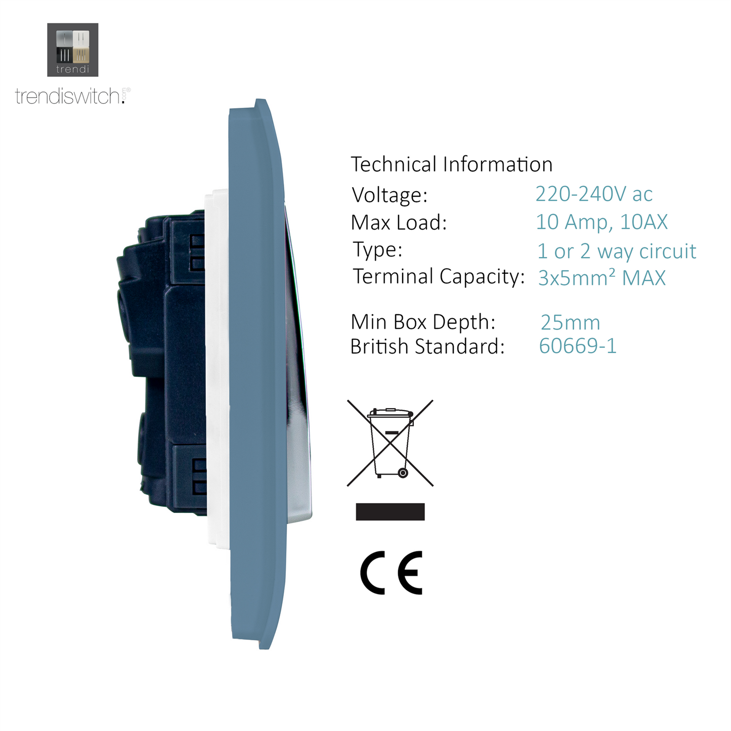 Trendi 2 Gang 2 Way 240V Screwless Artistic Modern Glossy 10 Amp Chrome Rocker Electrical Wall Light Switch in Sky Blue (2 pack)