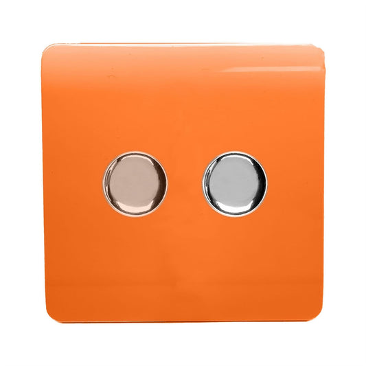 Trendi 2 Gang 2 Way 240V 100w LED Dimmer Screwless Raised Front Plate Plastic Artistic Modern Glossy 10 Amp Chrome Single Electrical Wall Light Switch in Sunset Orange - ART-2LDMOR