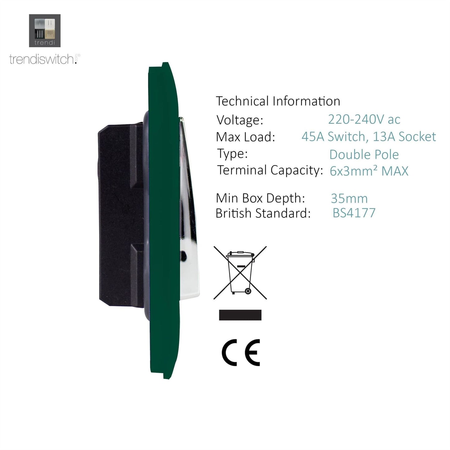 Trendi Artistic Modern Glossy 45 A Cooker Switch & Plug Socket Inc Neon Insert Dark Green