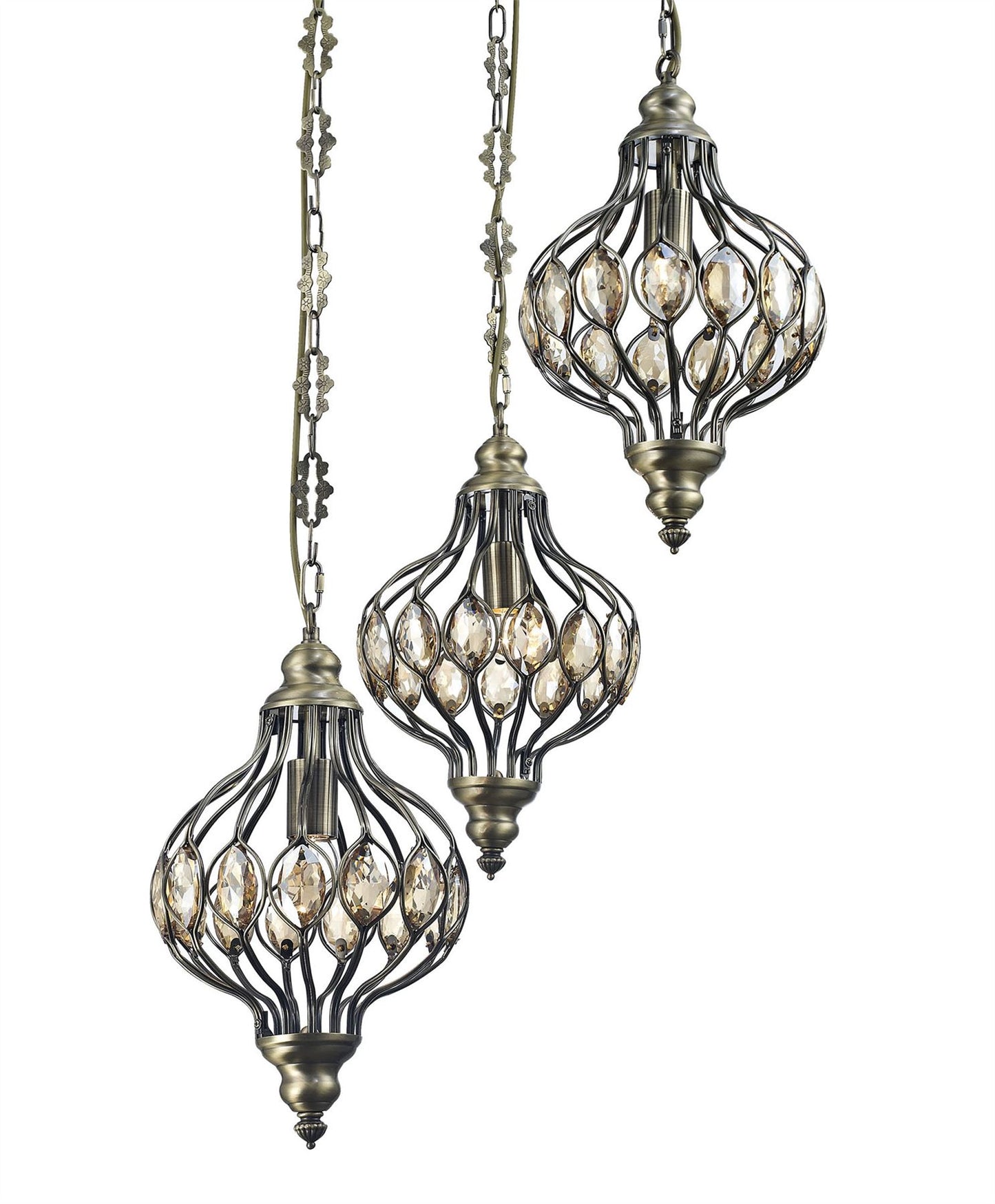 Diyas Marisa Triple  Round 3 Light E27 Antique Brass/Amber Crystal Ceiling Pendant Light Fitting