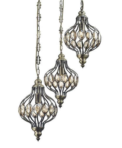 Diyas Marisa Triple  Round 3 Light E27 Antique Brass/Amber Crystal Ceiling Pendant Light Fitting