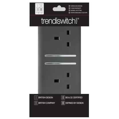 Trendi 2 Gang Artistic Modern Glossy 13 Amp Switched Tactile Plug Socket Charcoal (7 Pack)