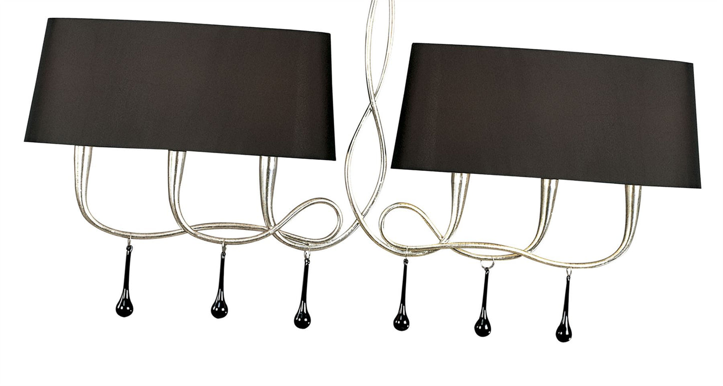 Mantra M0531 Paola Linear Pendant 2 Arm 6 Light E14, Silver Painted with Black Shades & Black Glass Droplets