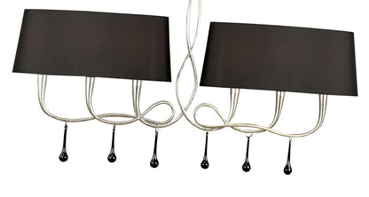 Mantra M0531 Paola Linear Pendant 2 Arm 6 Light E14, Silver Painted with Black Shades & Black Glass Droplets
