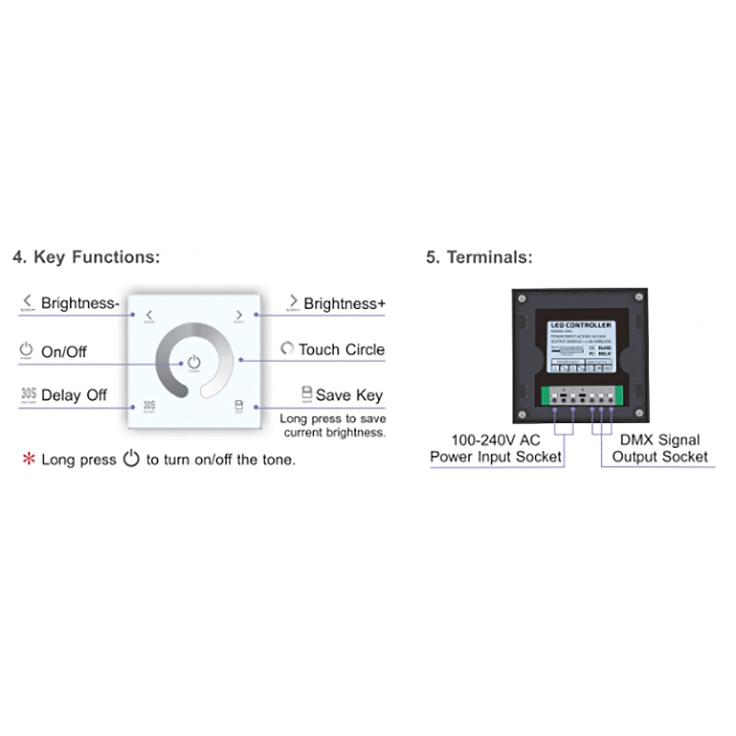 LTECH DMX/RF RF 2.4GHz + DMX 512, Dimming Controller Touch Panel, Single Zone, Use with R4-5A/R4-CC Reciever, 100-240V~50/60Hz, 30m Range, IP44, 5yrs Warranty Controllers