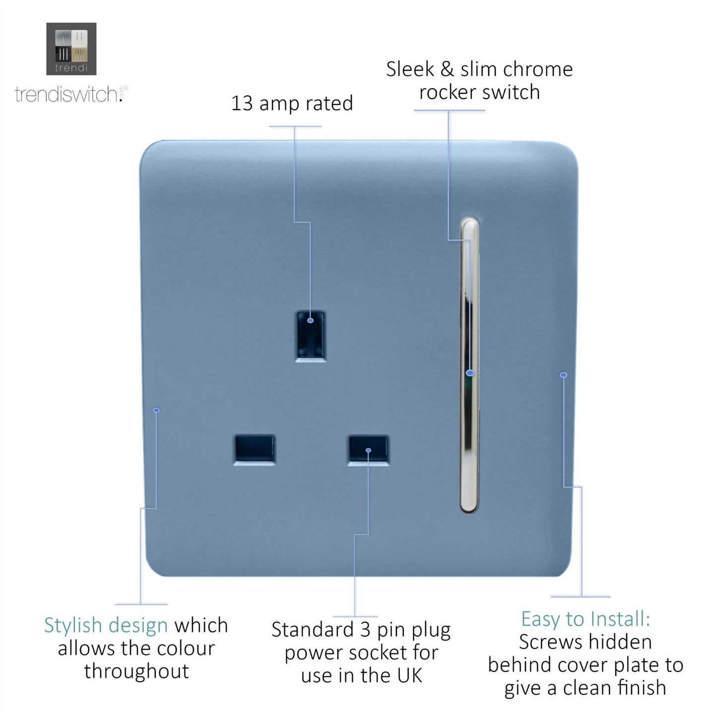 Trendi 1 Gang Artistic Modern Glossy 13 Amp Switched Tactile Plug Socket Sky