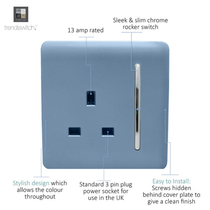 Trendi 1 Gang Artistic Modern Glossy 13 Amp Switched Tactile Plug Socket Sky