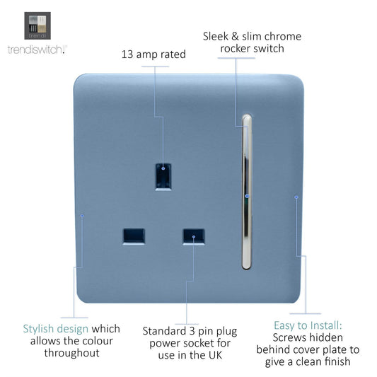 Trendi 1 Gang Artistic Modern Glossy 13 Amp Switched Tactile Plug Socket Sky