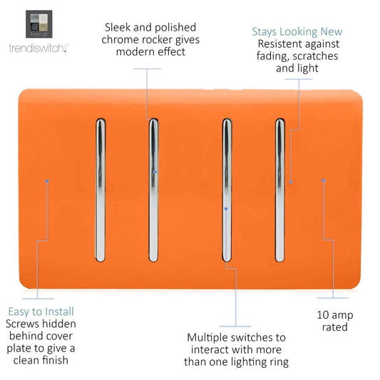 Trendi 4 Gang (2 Way & 3xIntermediate) Glossy 10 Amp Rocker Light Switch Orange