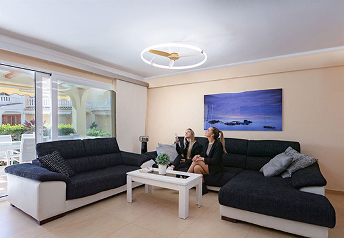 Nepal 105cm 75W LED Dimmable Ceiling Light With Built-In 35W DC Reversible Fan, White/Wood Finish c/w Remote, APP & Alexa/Google Voice Control, 7200lm