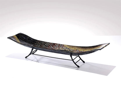Diyas Home (DH) Abruzzo Glass Art Platter with Stand Green/Brown/Multi-Colour Glitter