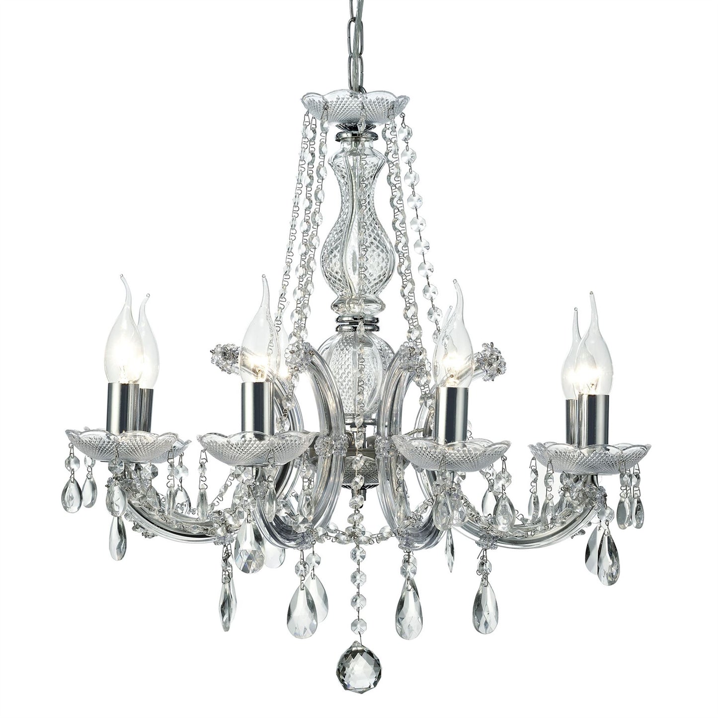 Deco Gabrielle Chandelier with Acrylic Sconce & Glass Crystal Droplets 8 Light E14 Polished Chrome Finish