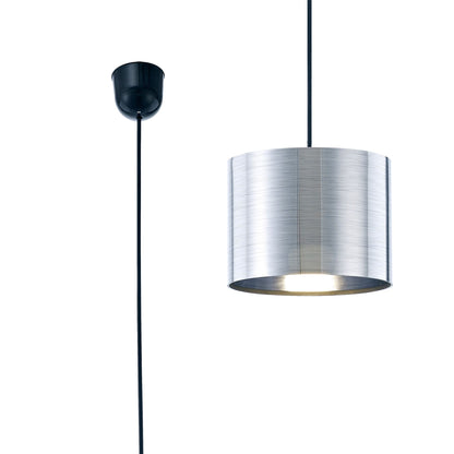 Deco Dako Black Pendant 1 Light E27 with 200 x 150mm Metallic Chrome Finish Cylinder Shade, c/w Ceiling Bracket