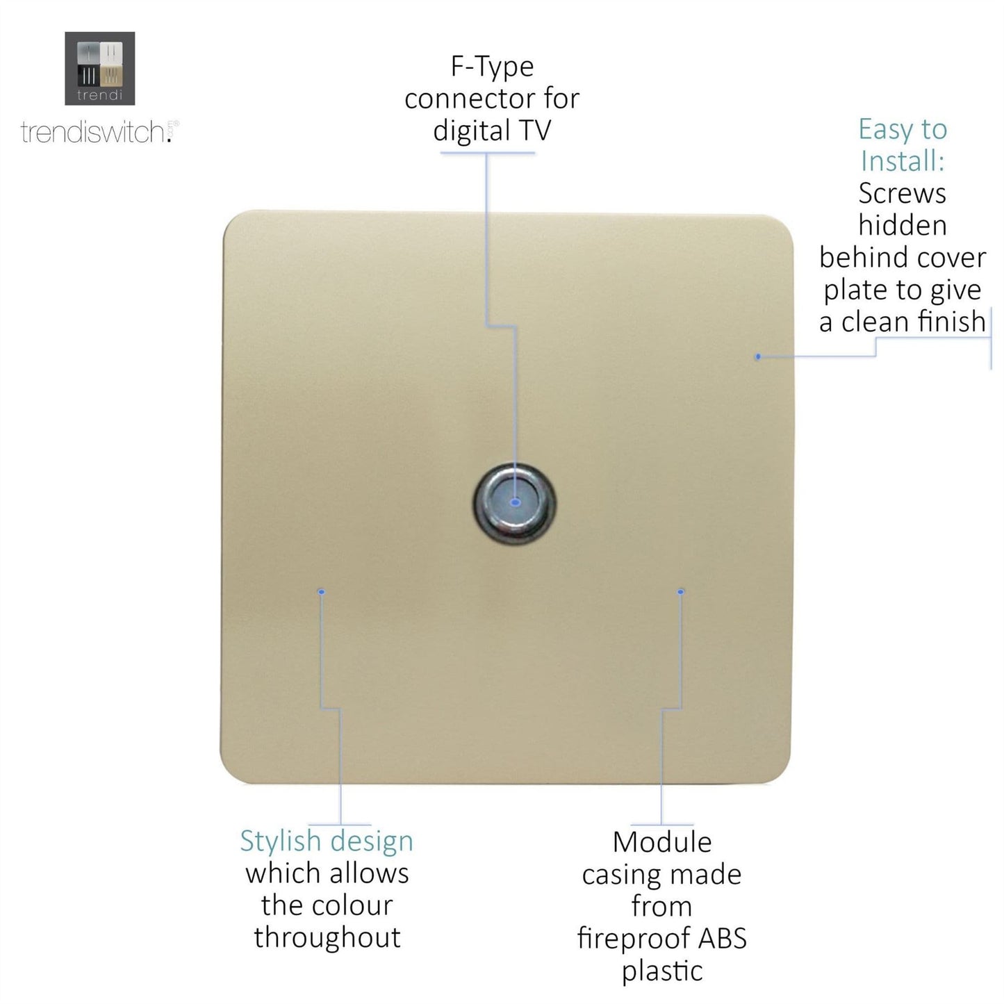Trendi 1 Gang Modern Screwless Television Satellite Socket in Gold - ART-SATGO