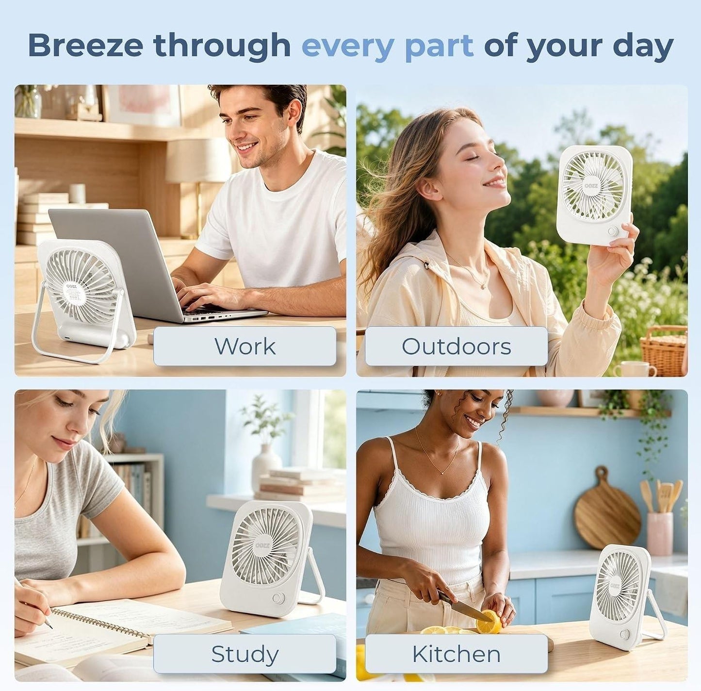 OOZZ Ultrathin Desktop Fan, Portable Slim Personal Fan with Adjustable stand, Stepless Speed Control Knob, USB-C Rechargeable Battery, Quiet Cooling for Office & Travel, OZ-4121 (White)