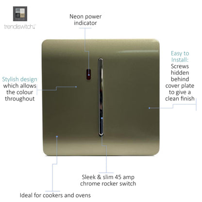 Trendi Artistic Modern 45 A Cooker Light Switch & Neon Insert Gold ART-WHS2GO