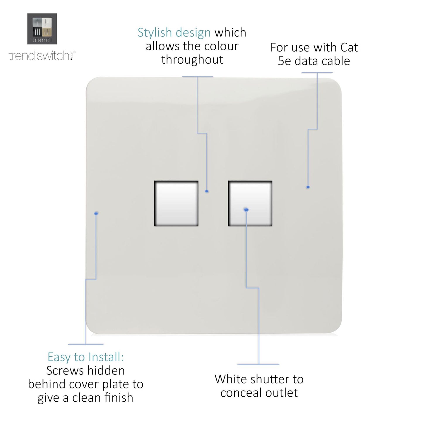 Trendi Switch 2 Gang RJ45 Cat 5e PC Ethernet Socket in Matt White - ART-2PCMWH