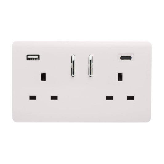 Ice White Screwless 2 Gang Switched Double Socket 13A With 1 x USB-A & 1 x USB-C 65W (Shared), (35mm Back Box Req.), 10yrs Warranty