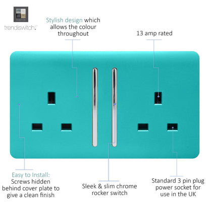 Trendi 2 Gang Raised Artistic Modern Glossy Screwless 13 Amp Single Pole with Chrome Switched UK Standard Electrical Double Wall Plug Socket in Bright Teal - ART-SKT213LBT