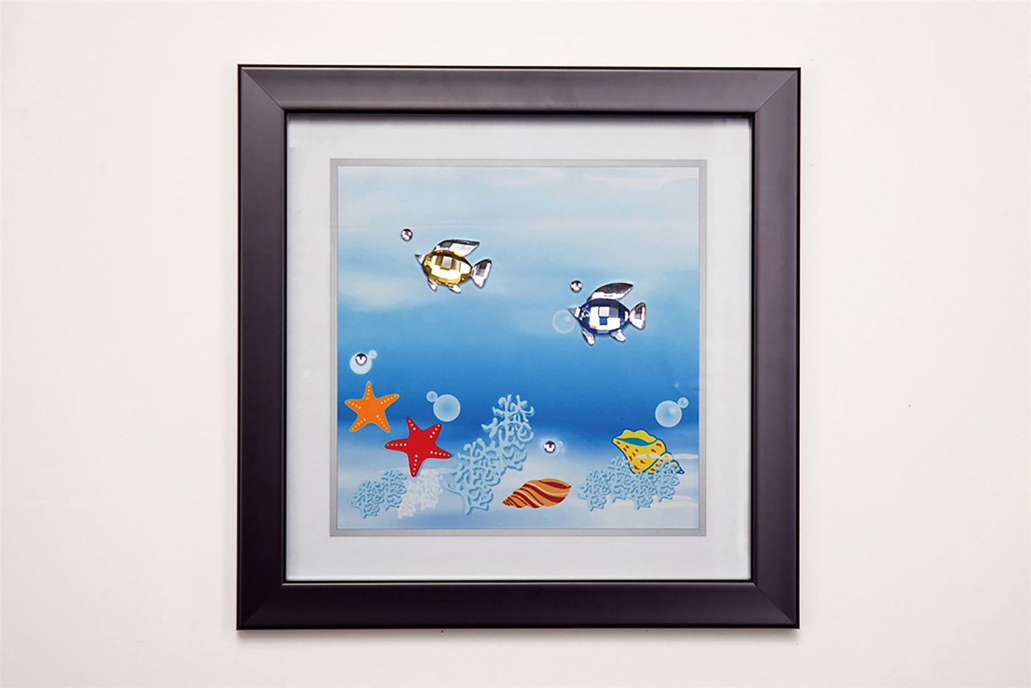 Diyas Home Crystal Wall Art (DH) Aqua Swimming Fish, Black Frame, Amber, Blue, Clear Crystal Framed