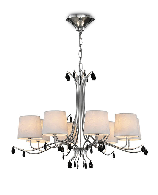 Mantra M6312 Andrea Pendant 100cm Round, 8 x E14 (Max 20W), Polished Chrome, White Shades, Black Crystal Droplets