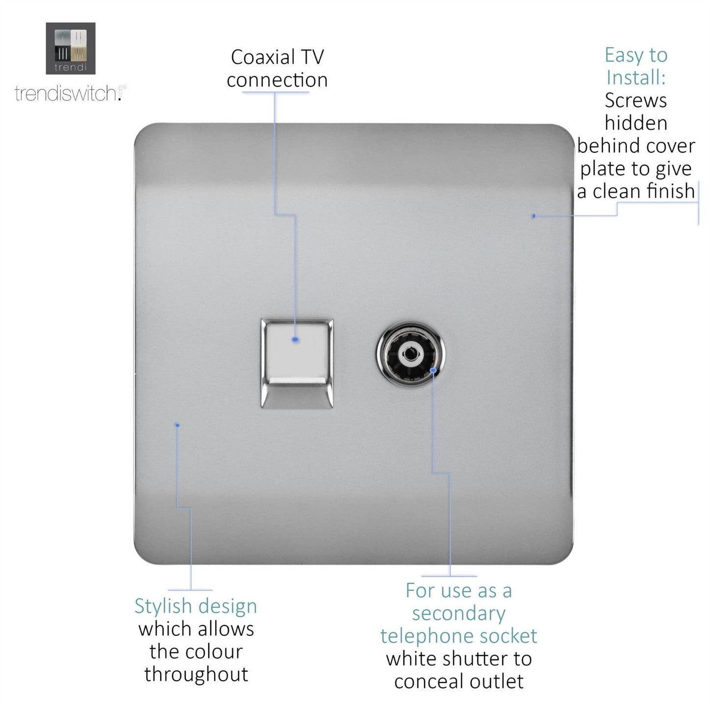Trendi Artistic Modern Glossy Tactile TV Co-axial Socket + Telephone Socket Stainless Steel