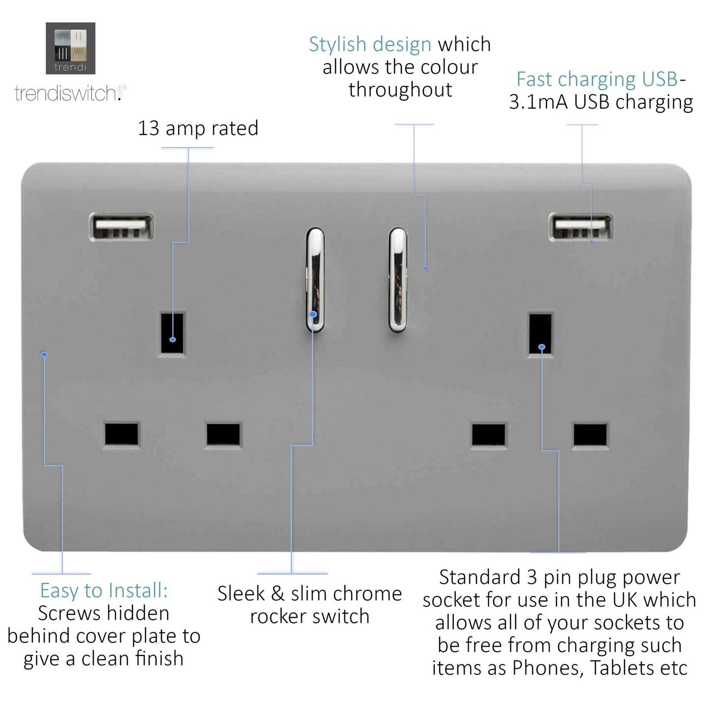Trendi 2 Gang Artistic Modern Glossy 13 Amp 2 x 3.1mA USB Switched Plug Socket Light Grey