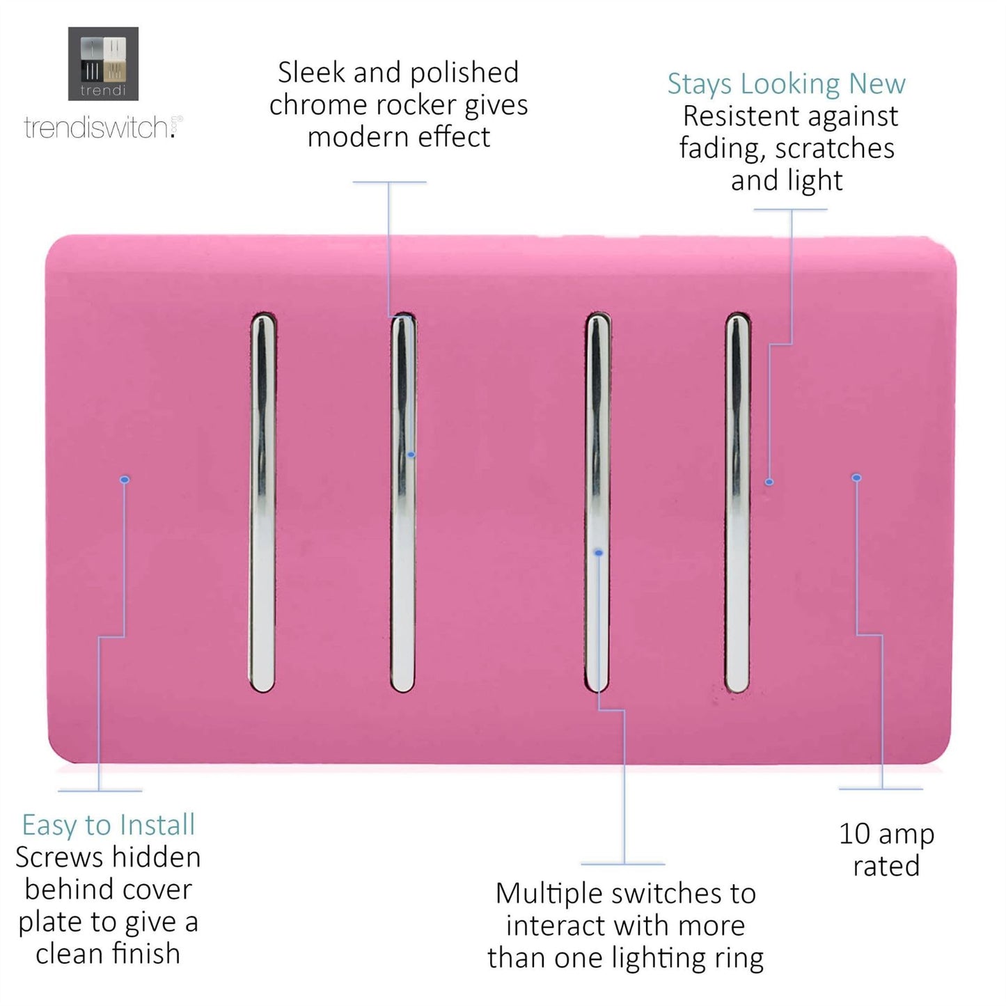 Trendi 4 Gang (2 Way & 1x Intermediate) Glossy 10 Amp Rocker Light Switch Pink