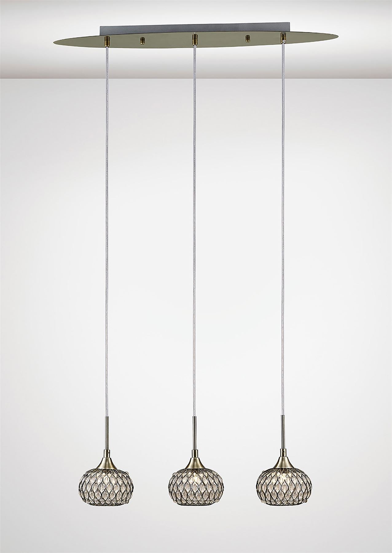 Diyas Chelsie Linear  3 Light G9 Line Antique Brass/Clear Beaded Glass Ceiling Pendant Light Fitting