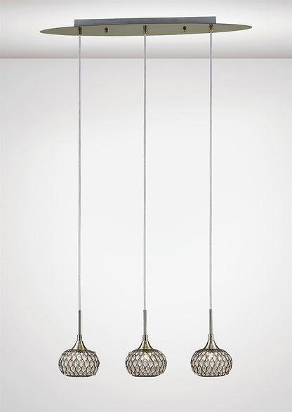Diyas Chelsie Linear  3 Light G9 Line Antique Brass/Clear Beaded Glass Ceiling Pendant Light Fitting