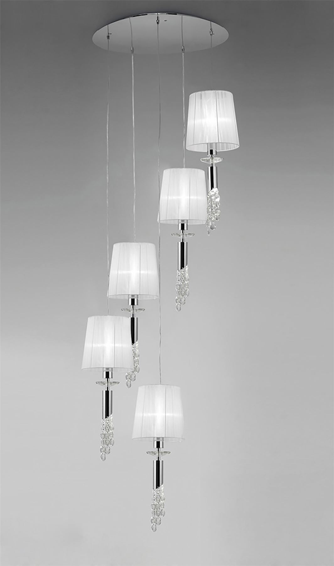 Mantra M3857 Tiffany Pendant 5+5 Light E27+G9 Spiral, Polished Chrome with White Shades & Clear Crystal