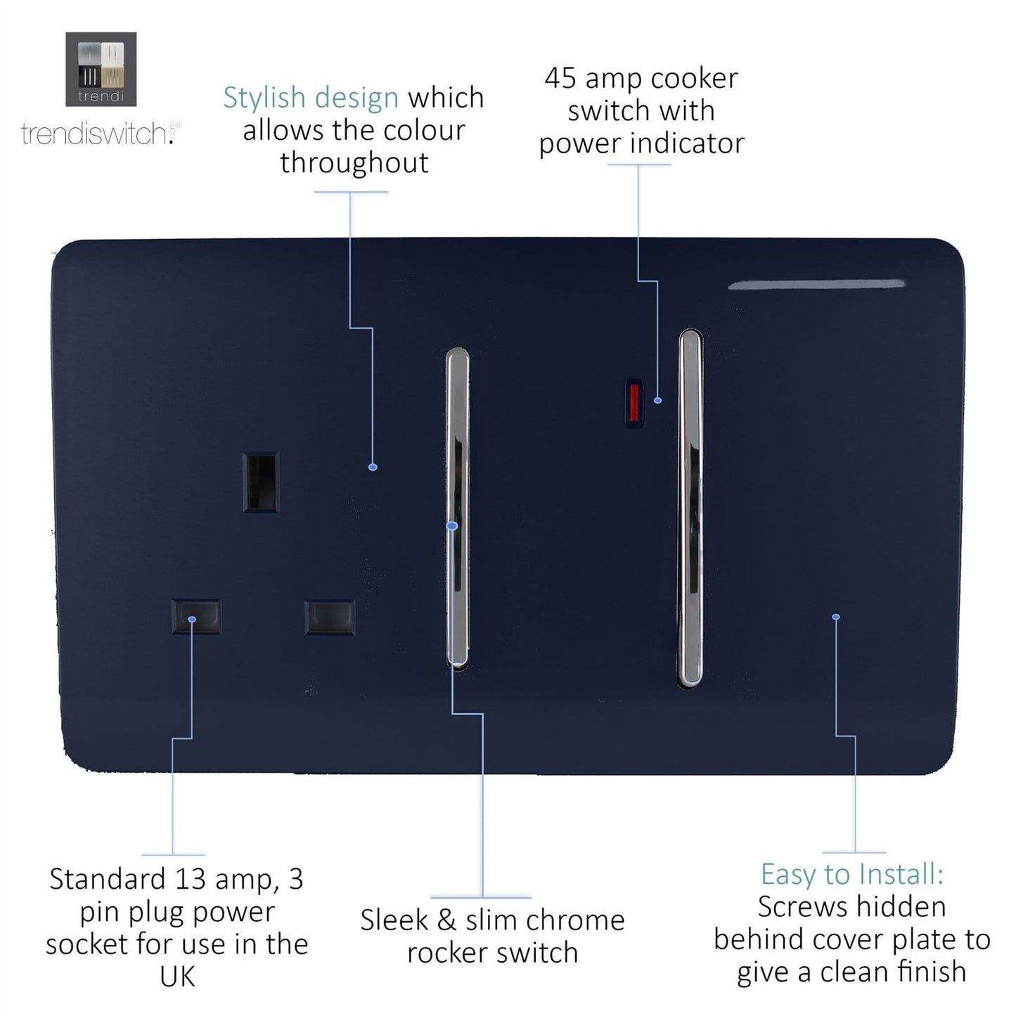 Trendi Artistic Modern Glossy 45 A Cooker Switch & Plug Socket Inc Neon Insert Navy