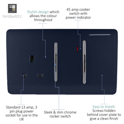 Trendi Artistic Modern Glossy 45 A Cooker Switch & Plug Socket Inc Neon Insert Navy