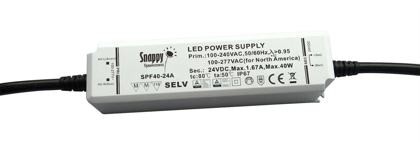 Snappy SPF, 40W, CV & CC Non-Dimmable PC LED Driver, 24VDC, IP65, 30cm Prewired Cable, 5 yrs Warranty