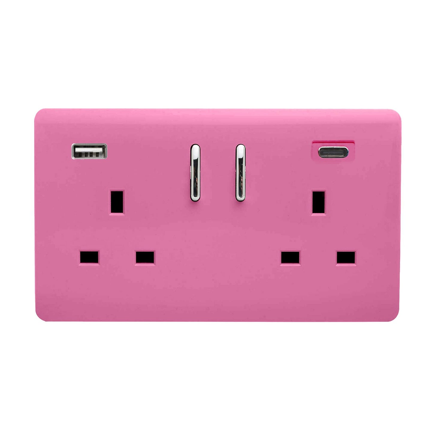 Pink Screwless 2 Gang Switched Double Socket 13A With 1 x USB-A & 1 x USB-C 45W (Shared), (35mm Back Box Req.), 10yrs Warranty
