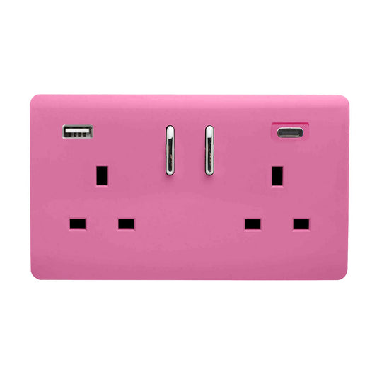 Pink Screwless 2 Gang Switched Double Socket 13A With 1 x USB-A & 1 x USB-C 45W (Shared), (35mm Back Box Req.), 10yrs Warranty