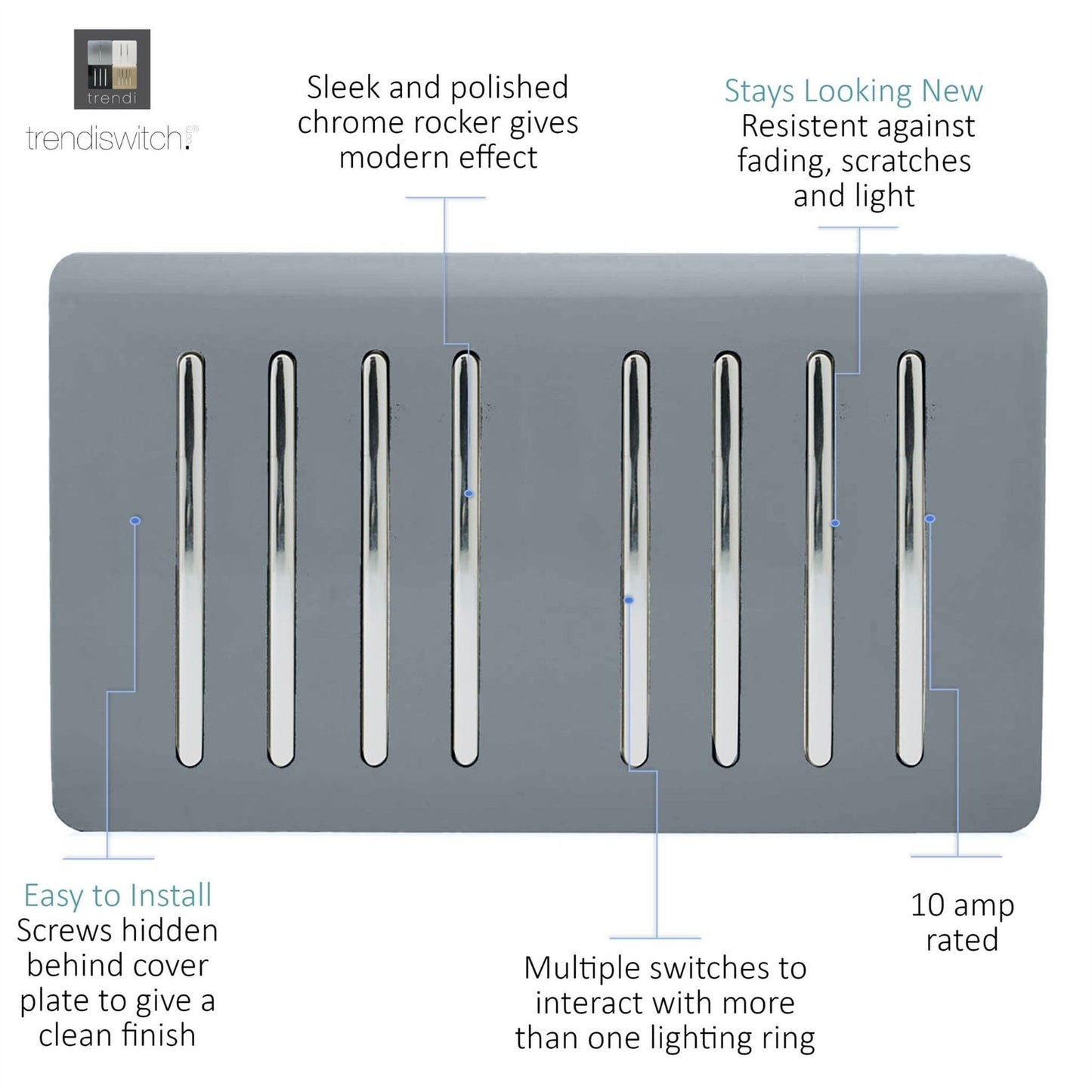 Trendi Artistic Modern Glossy 8 Gang 2 Way Rocker  Double Plate Tactile Light Switch Warm Grey