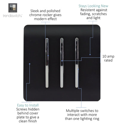 Trendi 3 Gang 2 Way  10 Amp Rocker Light Switch Matt Black ART-SS6BK