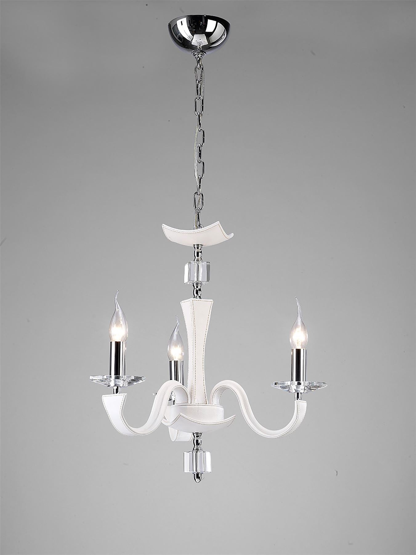 Diyas Nardini 50cm  3 Light E14 Polished Chrome/White Faux Leather/Crystal Ceiling Pendant Light Fitting